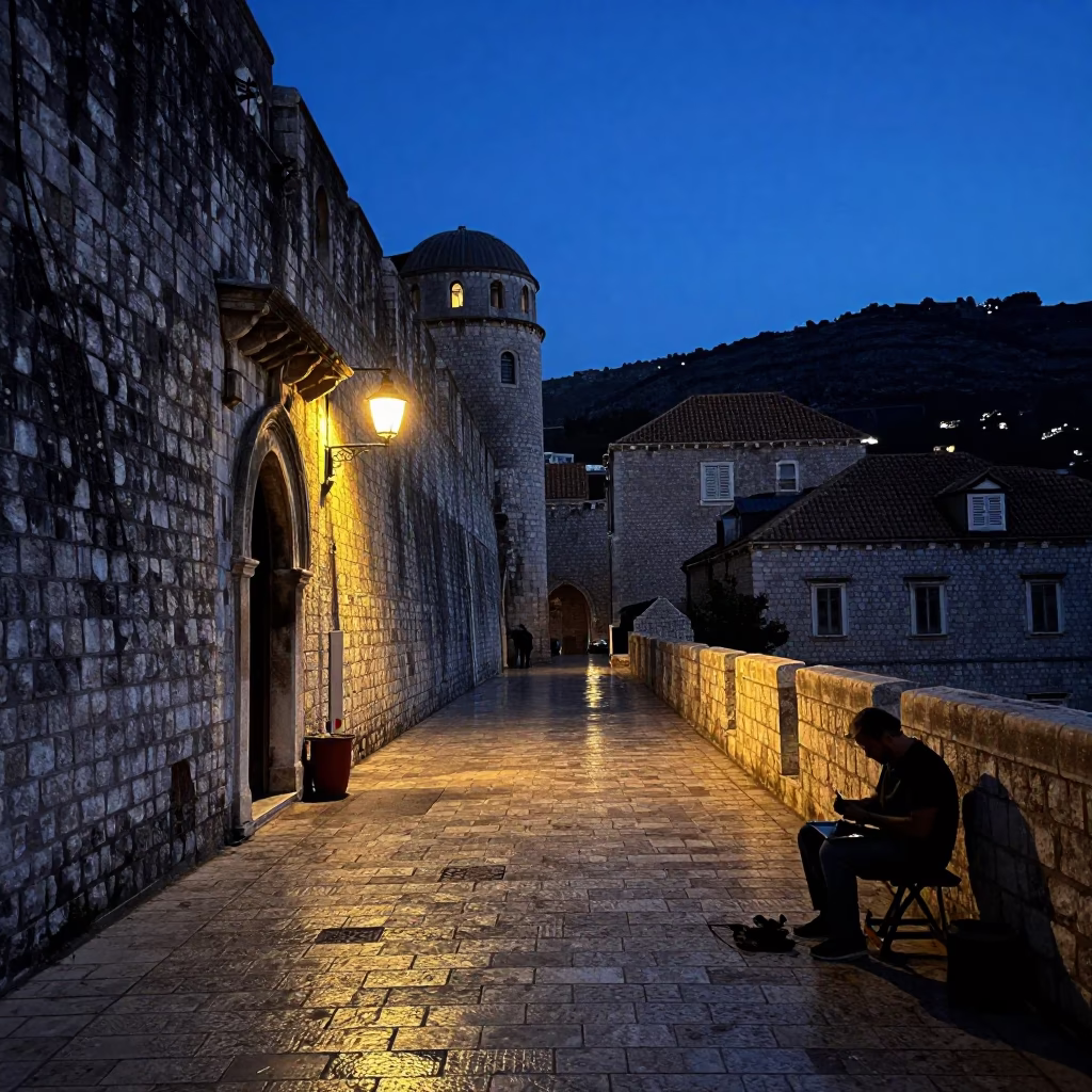 Stone Street in Dubrovnik at The Predawn Darkness Light in in Dubrovnik, Croatia