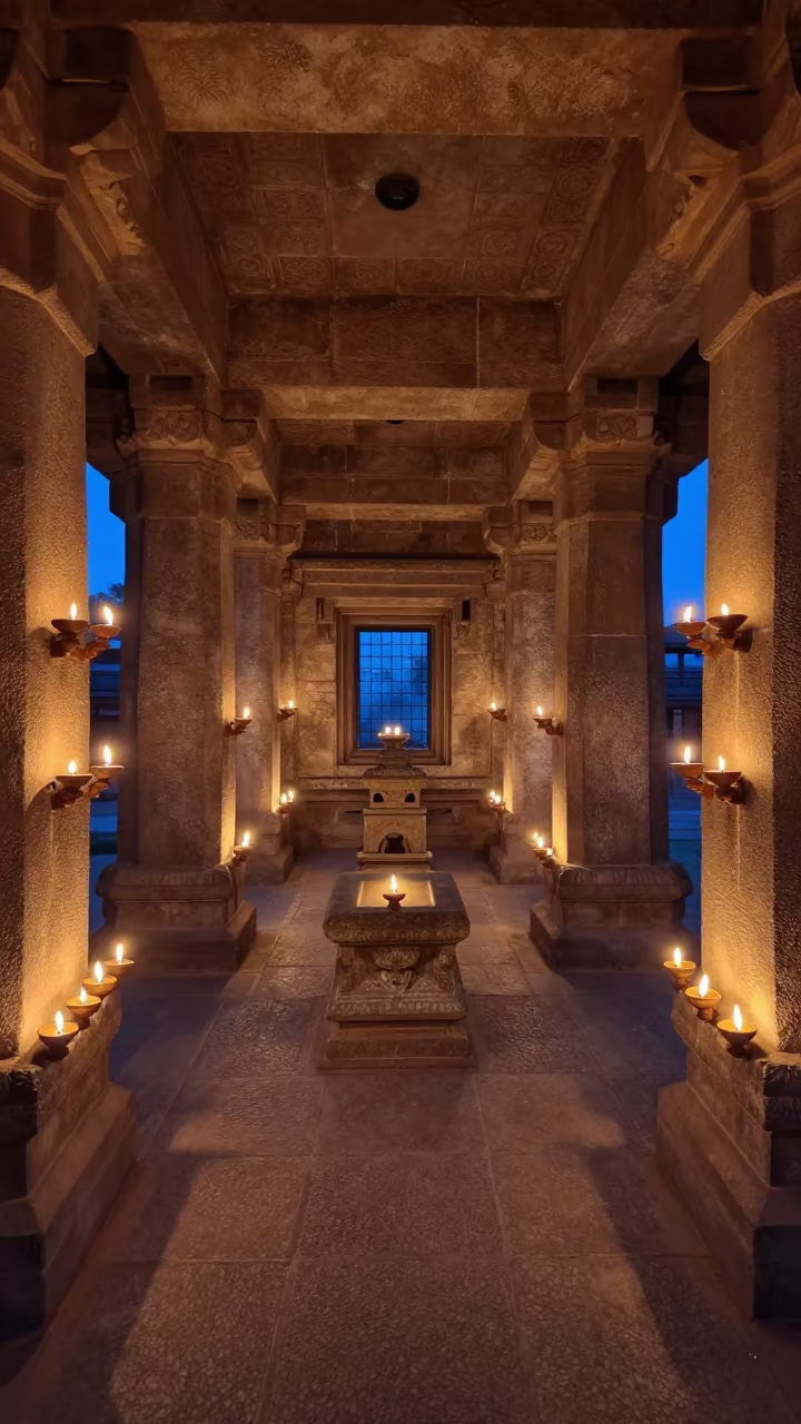 Stone Temple Corridor with Flickering Oil Lamps in at the foot of a stone altar in Gurgaon