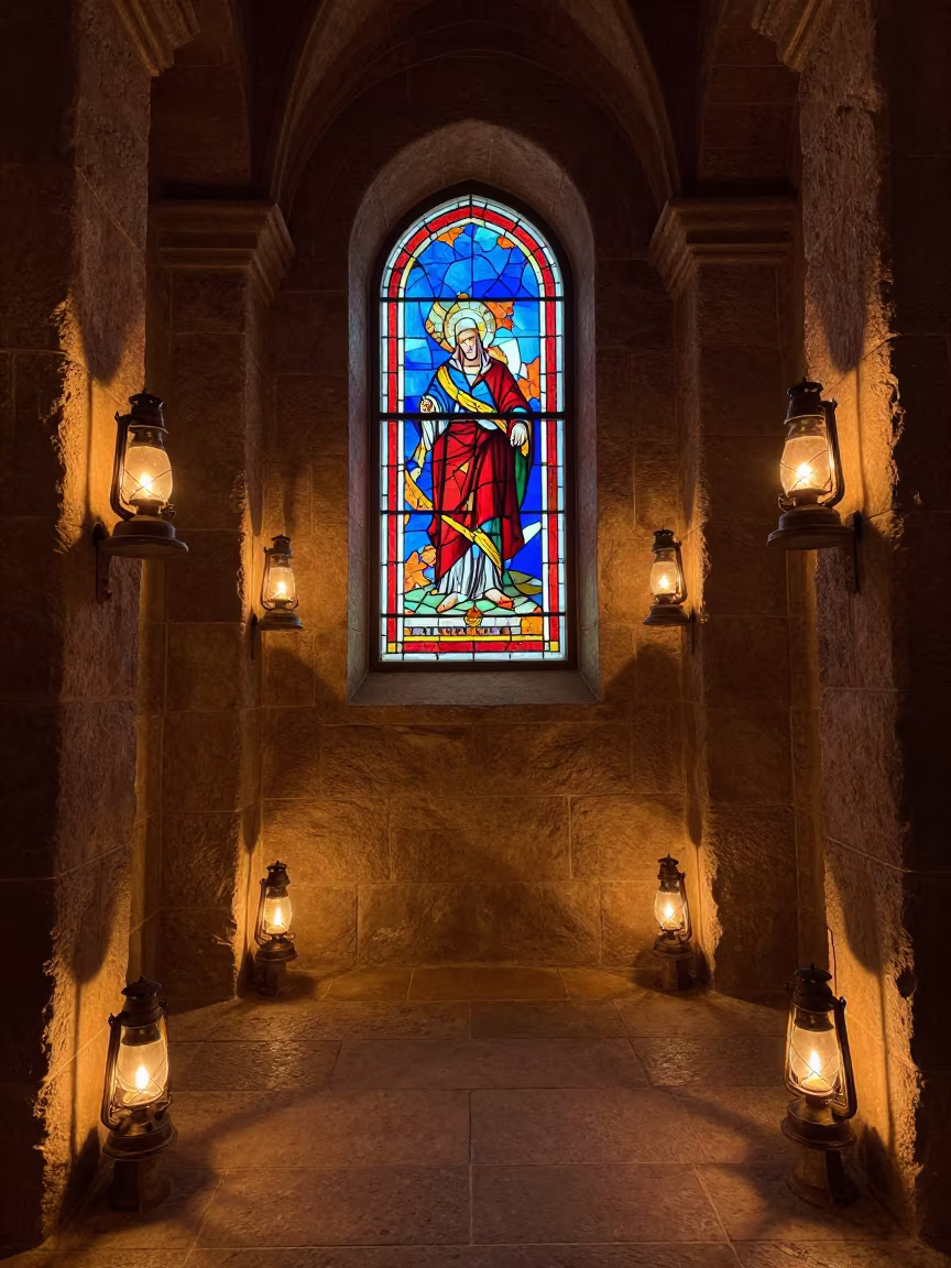 Stone Temple Corridor Oil Lamps Stained Glass in in a chapel lit by stained glass in Kut