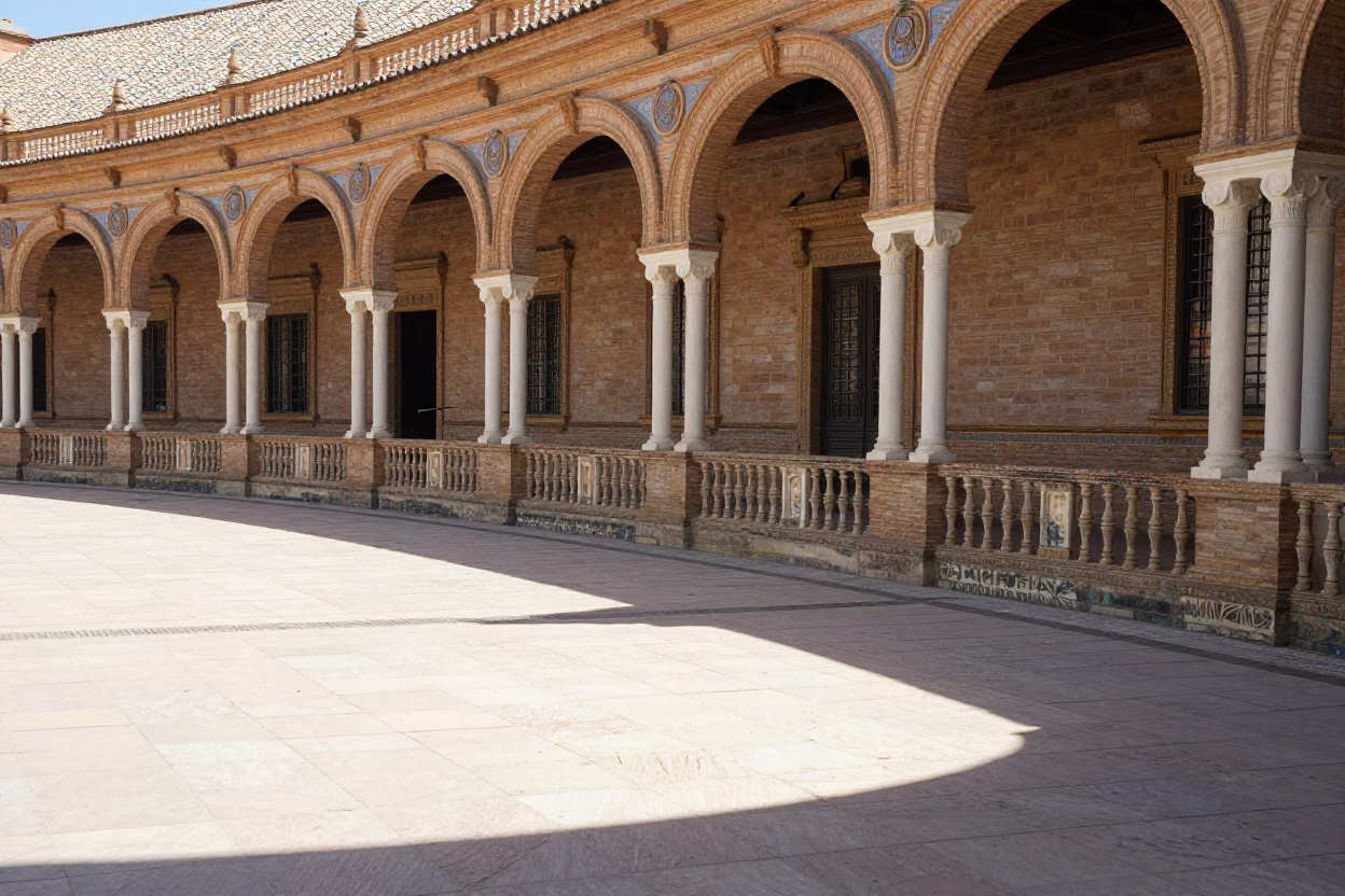 Stone Terrace in Seville at The Flat Glare Of Noon Light in in Seville, Spain