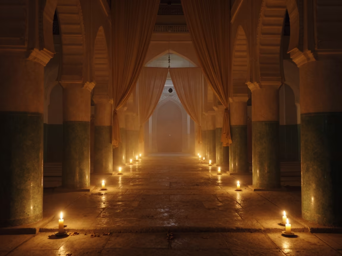 Stone Threshold and Incense Haze in Meknes Gurdwara in inside a candlelit nave in Meknes