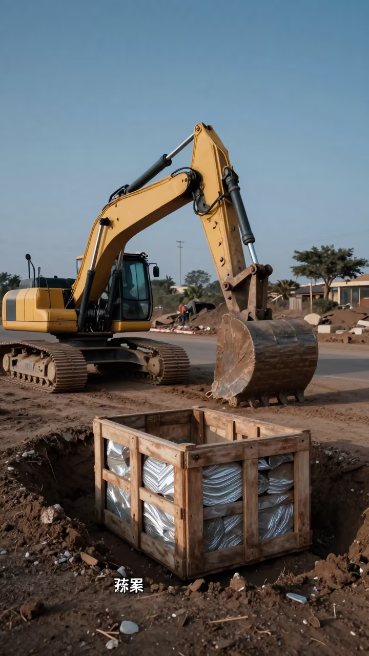 Stone Transformed Excavator Bucket Mali Night in at a muddy site access road in Mali