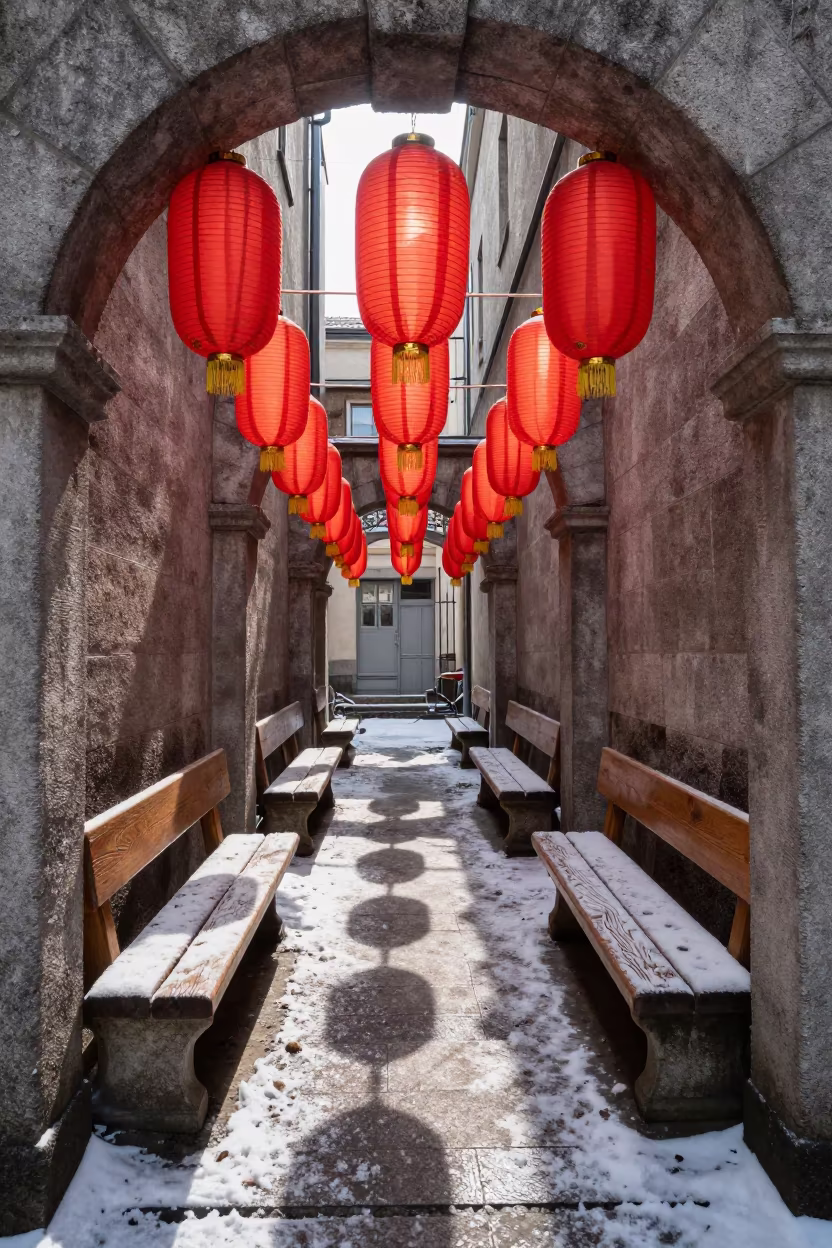 Stone-Transformed Lantern Alley in Berlin Shrine in in a shrine lined with lanterns in Charlottenburg, Berlin