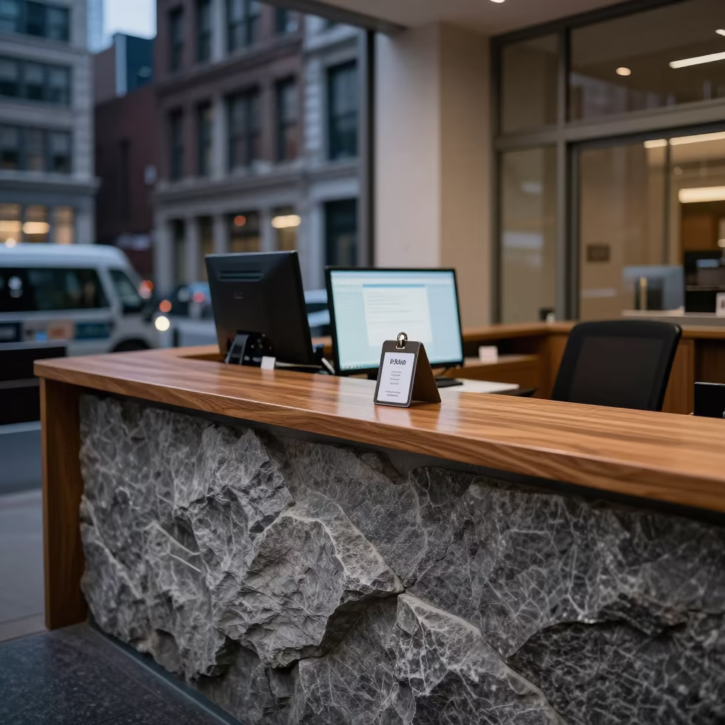 Stone-Transformed Office Desk in SoHo Evening in at an office reception desk in SoHo, New York