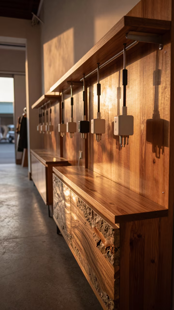 Stone Transition on Retail Charger Rail in inside a fitting room corridor in Yangon