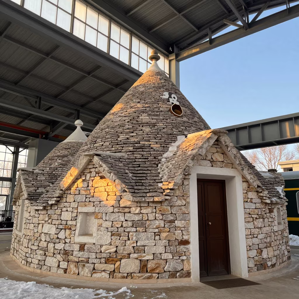 Stone Trullo in Winter Train Terminal in inside a restored train terminal in Changchun