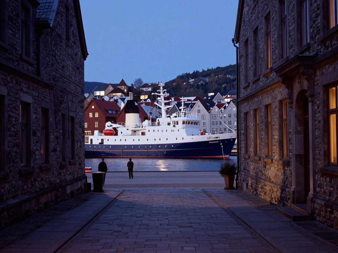 Stone Walkway in Bergen at Twilight in in Bergen, Norway