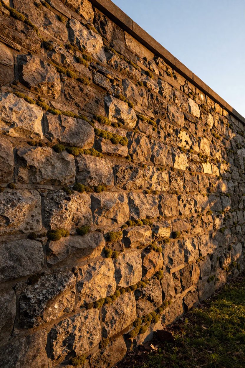 Stone Wall at Honeyed Evening Light in Boston in in Boston, Massachusetts, United States