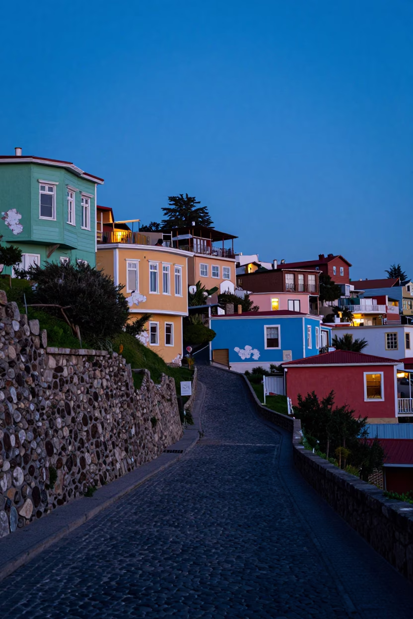 Stone Wall in Valparaiso at Indigo Twilight After Sunset in in Valparaiso, Chile