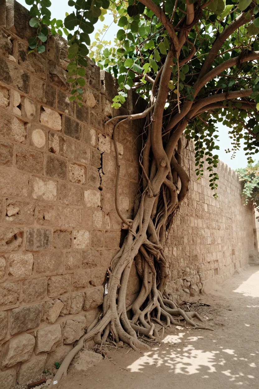 Stone Wall Split by Roots in Qena Corridor in along a vine-choked corridor near Qena