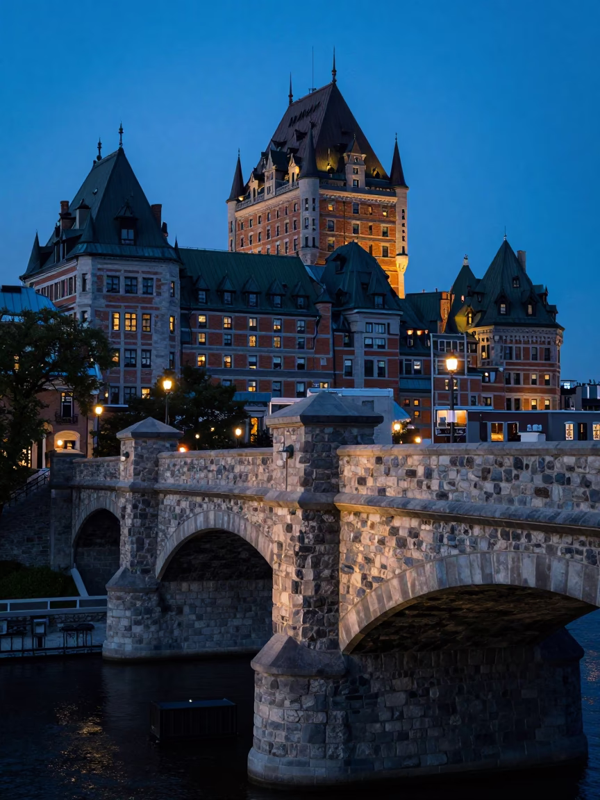 Stone Walls And Bridge Maintenance Cradle at Twilight in Quebec City in in Quebec City, Quebec, Canada