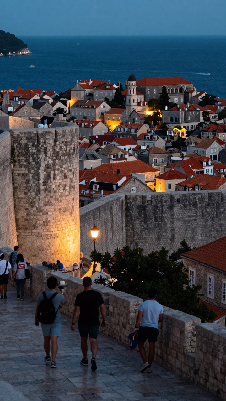 Stone Walls in Dubrovnik at As City Lights Begin To Glow in in Dubrovnik, Croatia