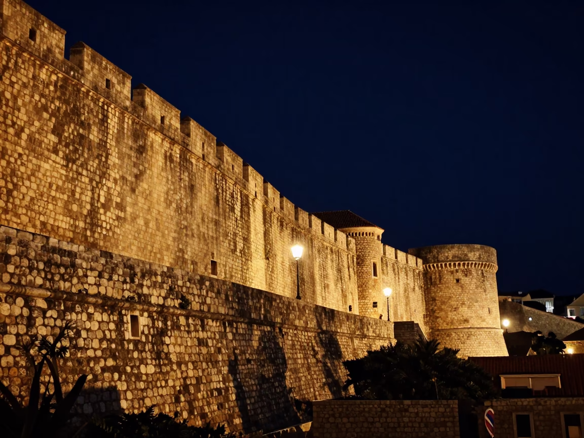 Stone Walls in Dubrovnik at The Deepest Night Sky Light in in Dubrovnik, Croatia