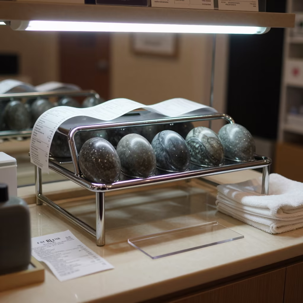Stone Warmer Rack Under White LEDs in Fez in in a beauty supply area under white LEDs near Fez el-Jdid, Fez