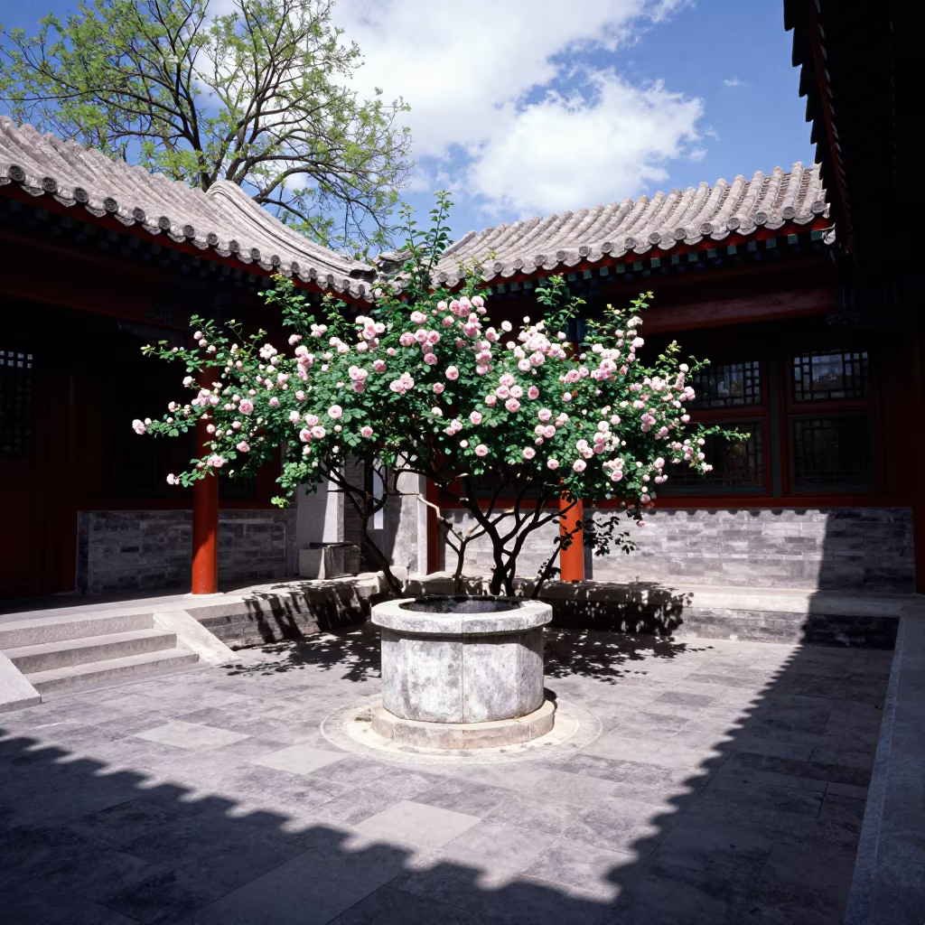 Stone Well Climbing Roses Beijing Courtyard Noon in inside a tiled stair hall in Beijing