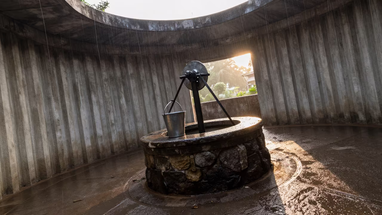 Stone Well in Ribbed Lobby at Dawn in inside a ribbed concrete lobby in Tirunelveli