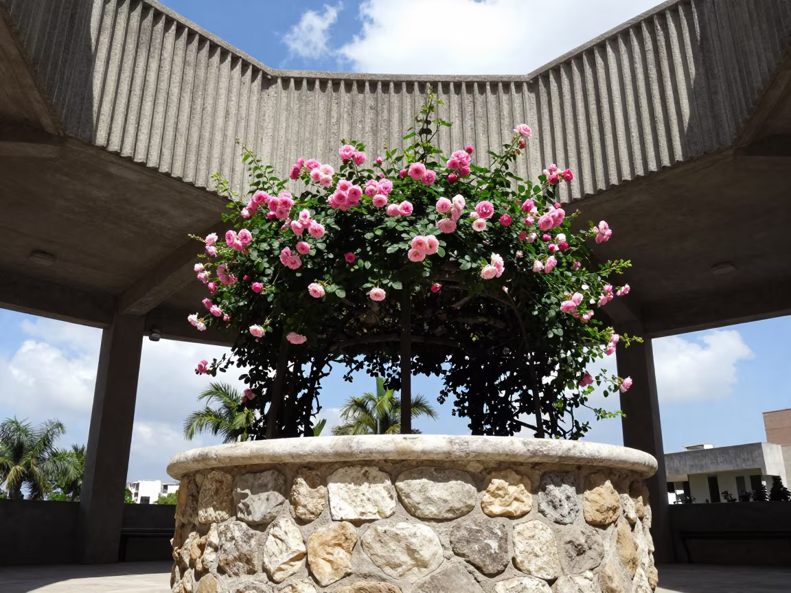 Stone Well Roses in Ribbed Concrete Lobby in inside a ribbed concrete lobby near Misrata