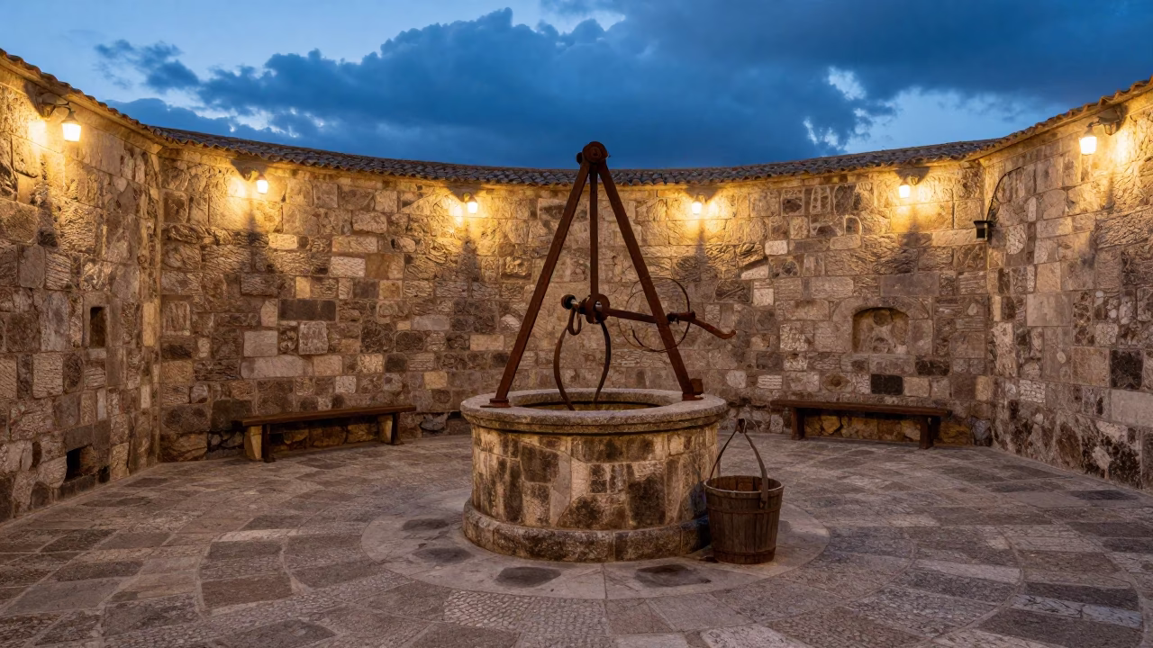 Stone Well in Salerno Atrium Evening in inside a vaulted atrium near Salerno