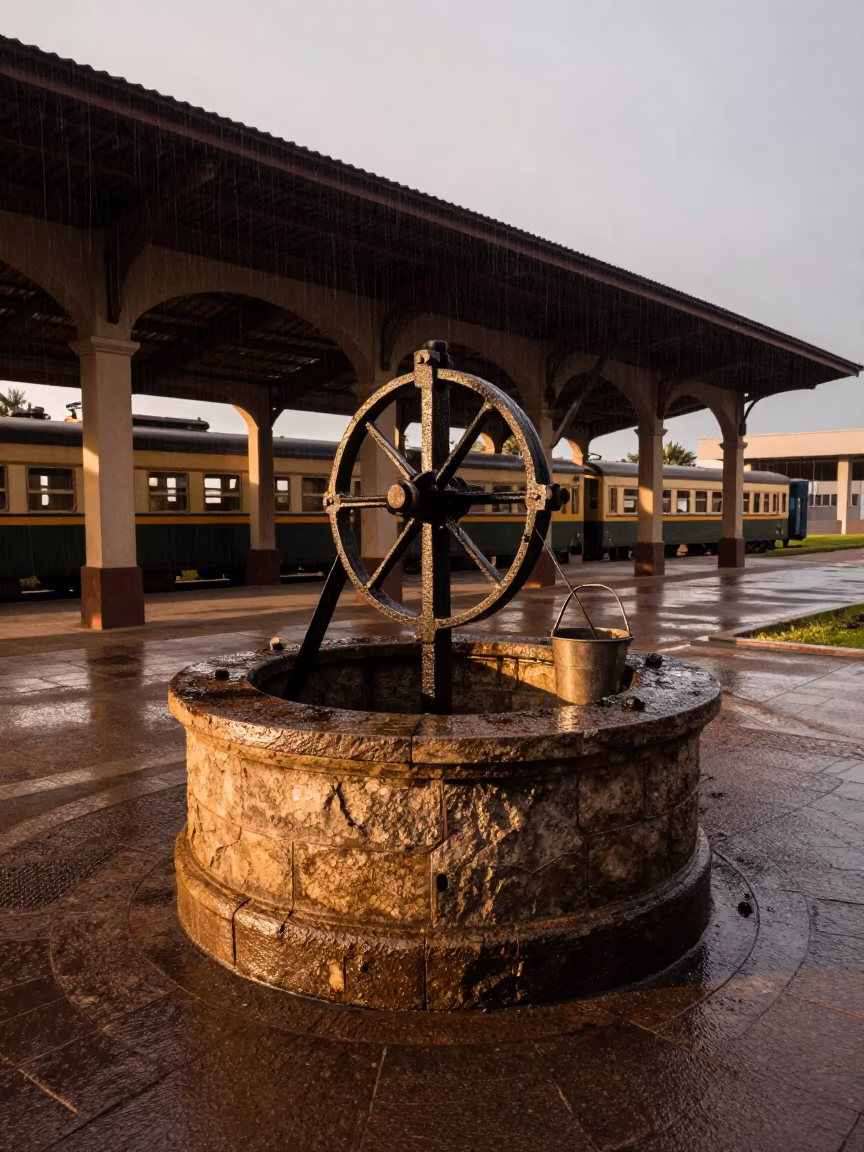 Stone Well with Winch in Beira Terminal in inside a restored train terminal in Beira