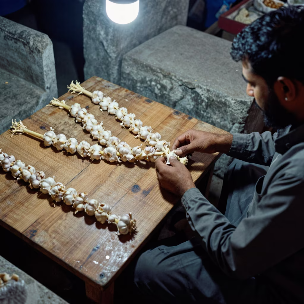 Stone Wood Garlic Braid Vendor Night Market in in a covered bazaar aisle in Sukkur