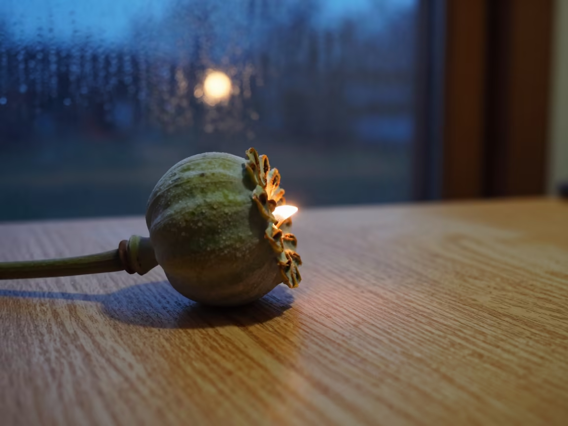 Stone Wood Poppy Crown Blue Hour Glow in inside a seed pod split open in Manisa