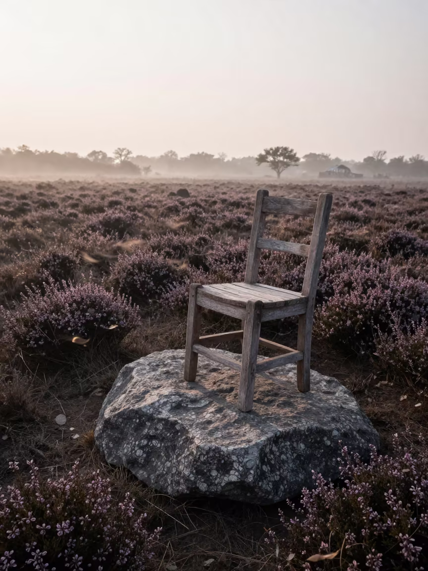 Stone Wooden Chairs in Heather Dawn Mist in across a wide valley floor near Beawar