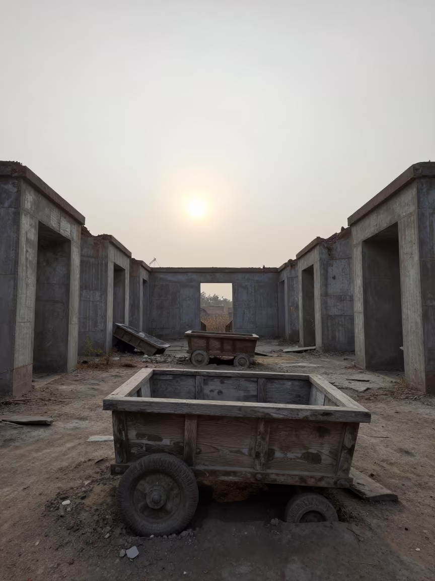 Stone Wooden Furniture Ruin India in among collapsed cloisters in India