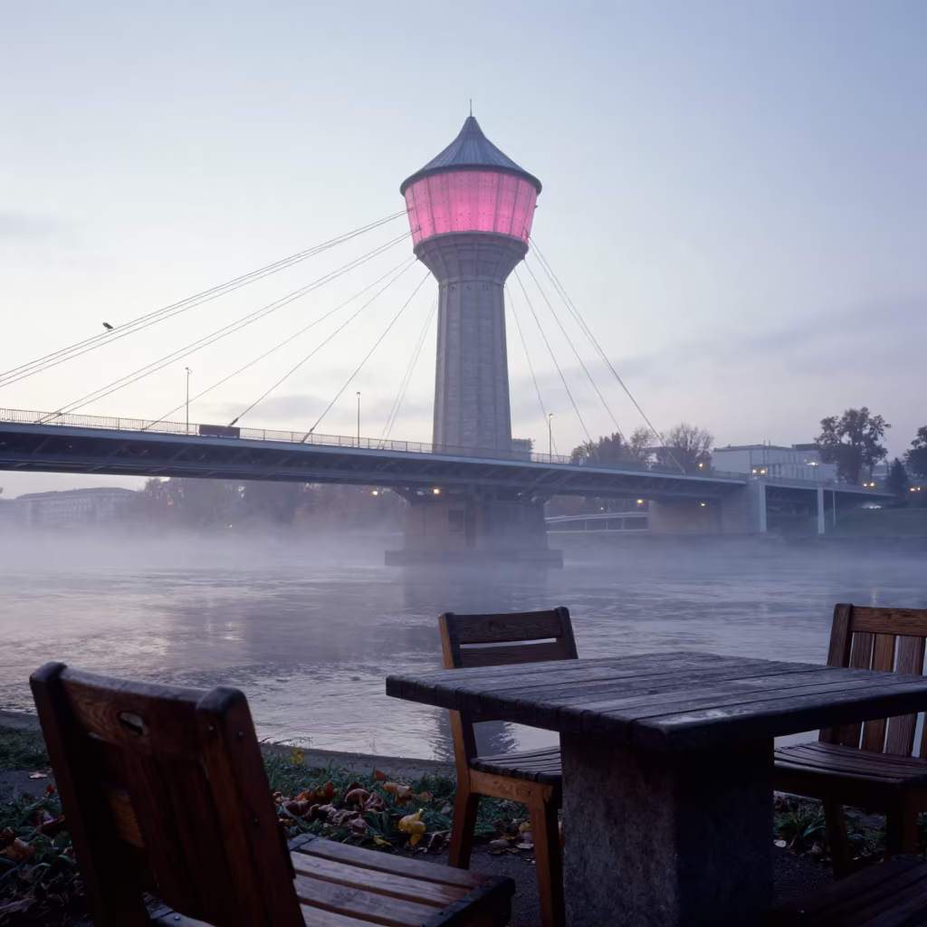 Stone Wooden Furniture Under Vienna Dawn in under a cable-stayed bridge span near Wieden, Vienna
