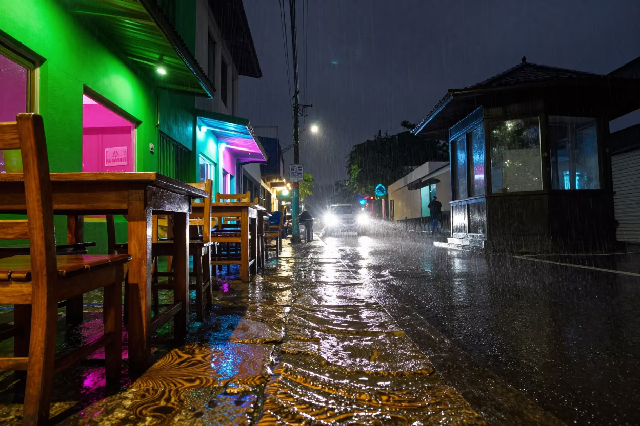 Stone Wooden Noodle Alley Monsoon Night in by a rain-darkened kiosk in Santa Teresa del Tuy