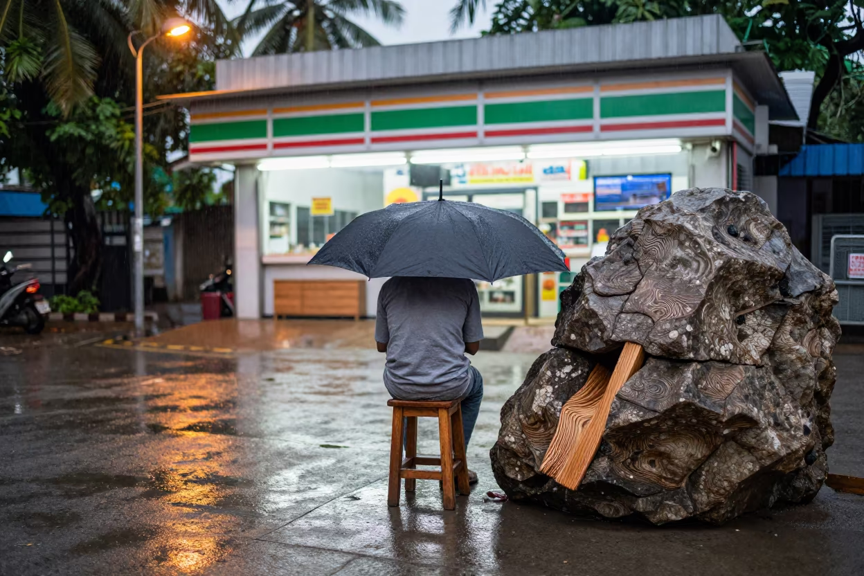 Stone Wooden Umbrella Wet Pavement Bhagalpur in outside a fluorescent convenience store in Bhagalpur