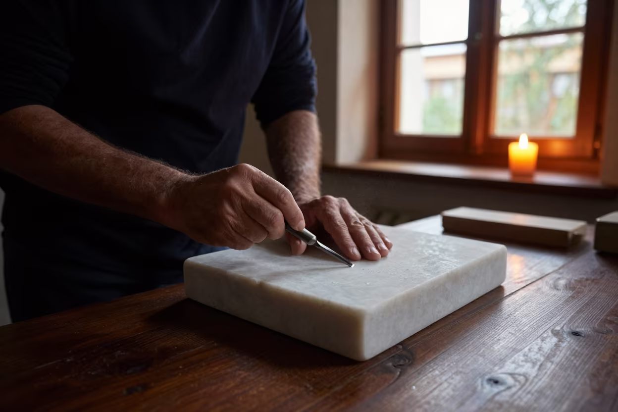 Stonecarver Chisel on Marble Block Edirne in on a writing desk in Edirne