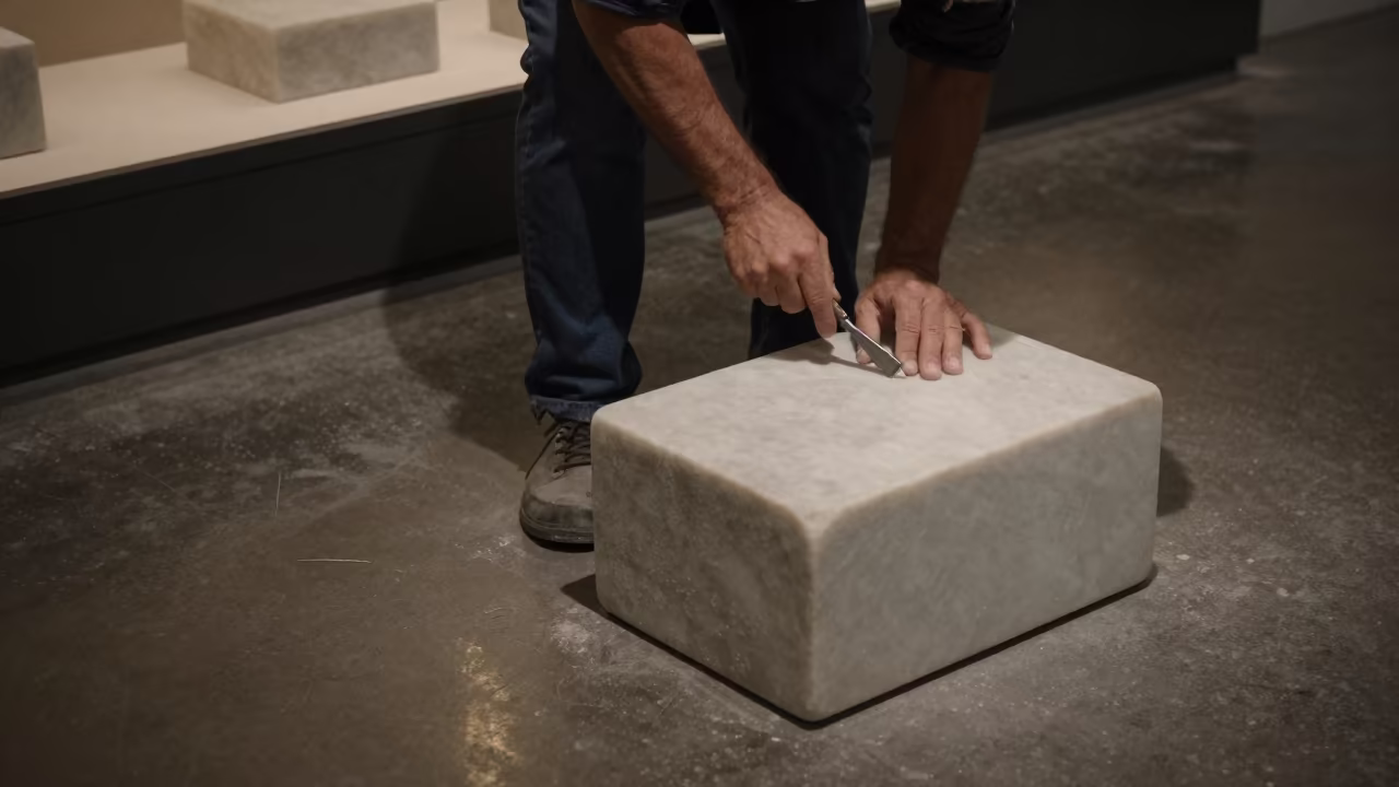 Stonecarver Chisel on Marble Block in on a painted display ledge in Los Teques