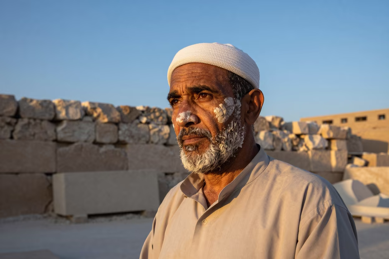 Stonecutter with Limestone Dust in Evening Light in near Mecca