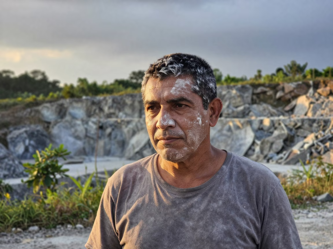 Stonecutter with Limestone Dust in Evening Light in near Maracaibo