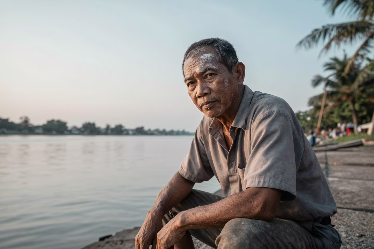 Stonecutter Portrait Limestone Dust Dawn in near a riverside landing in Alor Setar