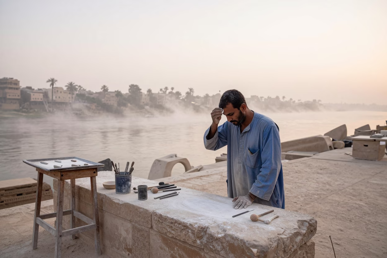 Stonemason at Dawn Light in in Luxor, Egypt