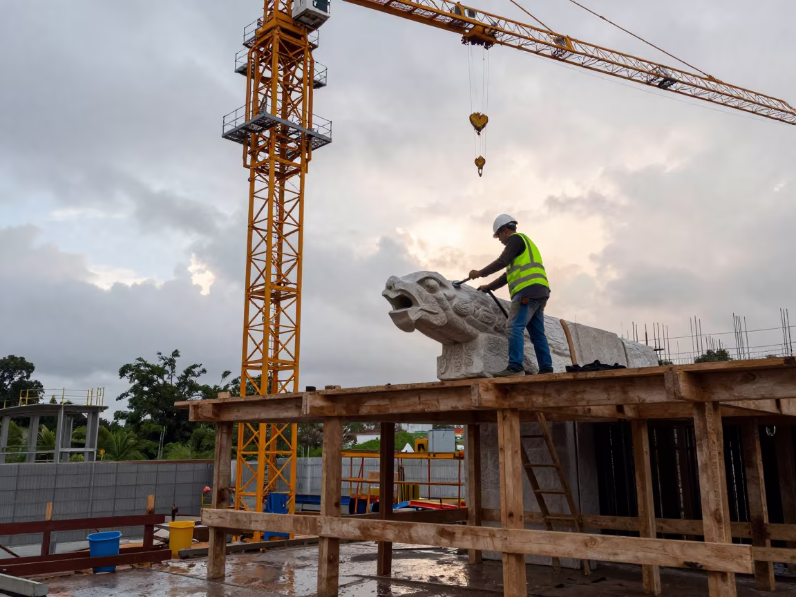 Stonemason Carving Gargoyle on Cathedral Scaffold in beneath a tower crane on open ground in Venezuela