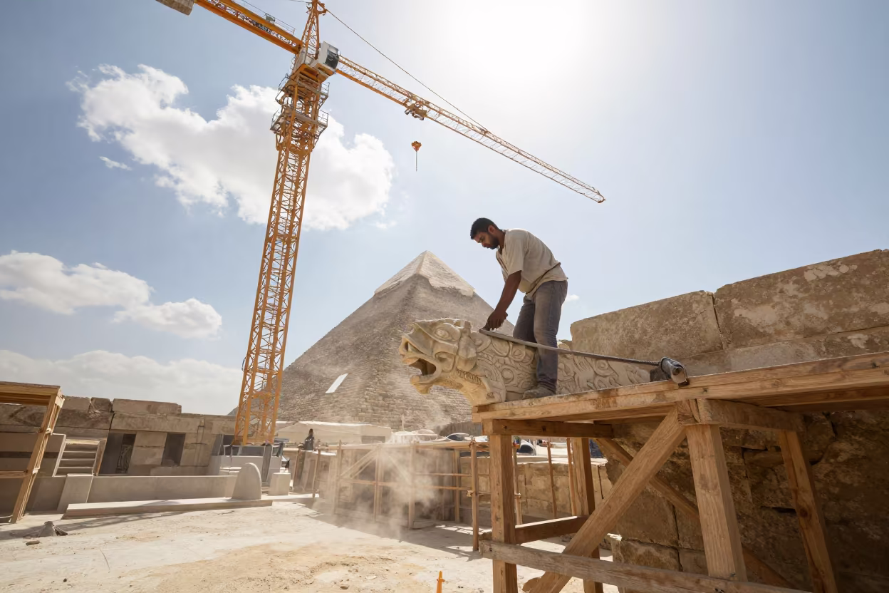 Stonemason Carving Gargoyle on Giza Scaffold in beneath a tower crane on open ground in Giza