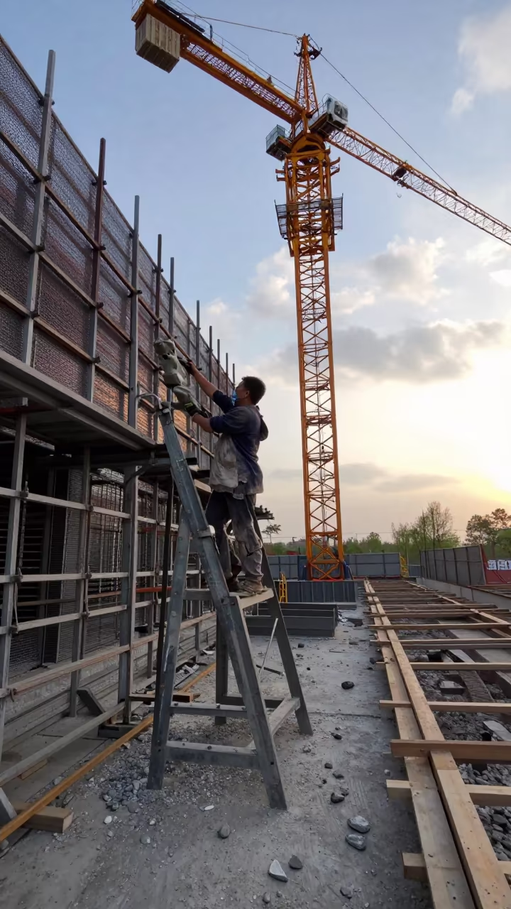 Stonemason Chiseling Gargoyle on Cathedral Scaffold in beneath a tower crane on open ground in Shaanxi