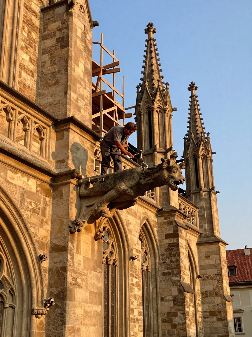 Stonemason Chiseling Gargoyle on Cathedral Scaffold at Sunset in Krakow Poland in in Krakow, Poland