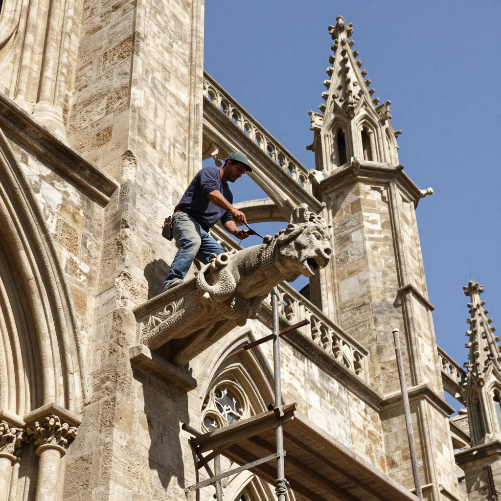 Stonemason Chiseling Gargoyle on Cathedral Scaffold in Granada Under Noon Sun in in Granada, Spain