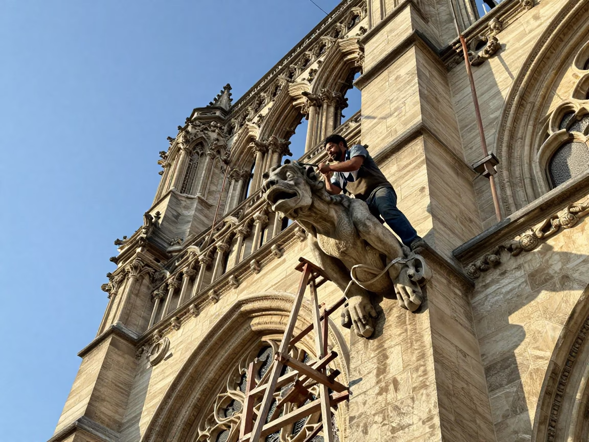 Stonemason Chiseling Gargoyle on Cathedral Scaffold in Paris Late Afternoon in in Paris, France