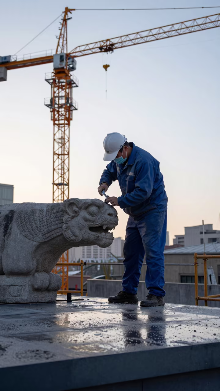 Stonemason Chiseling Gargoyle at Shanghai Dawn in beneath a tower crane on open ground near Moganshan Road, Shanghai