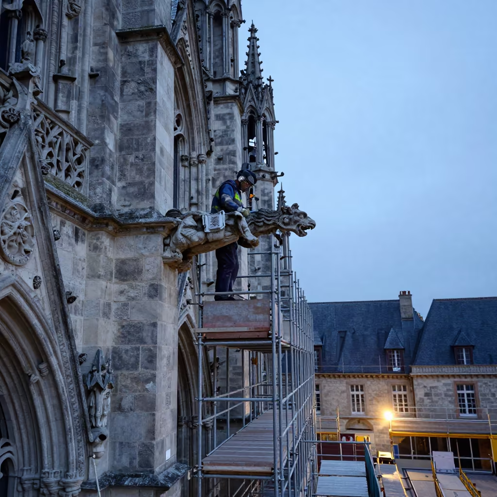 Stonemason Chisels Gargoyle on Cathedral Scaffold in on an active construction deck in Brittany