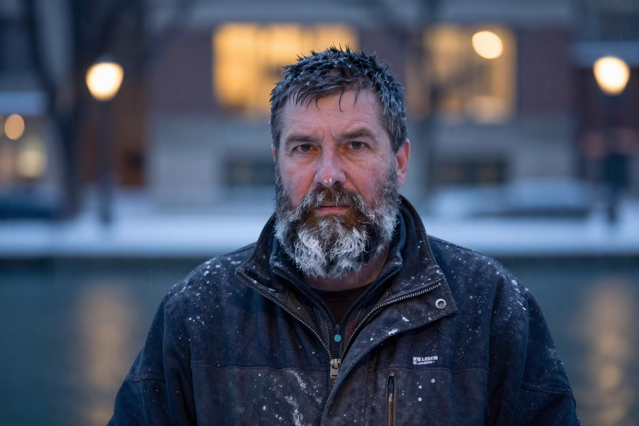 Stonemason Lime Beard in Chicago Winter Midnight in beside a canal in Logan Square, Chicago