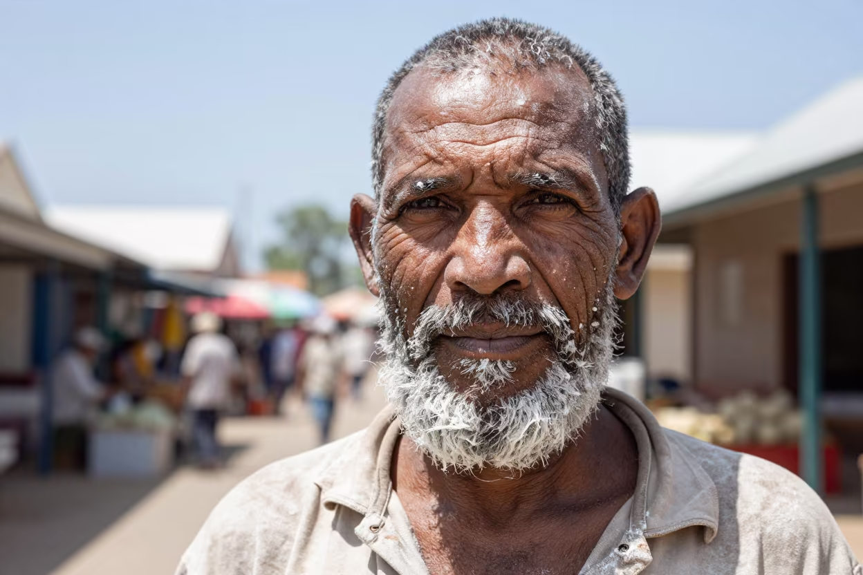 Stonemason Lime Dust Beard Broome Portrait in along a market lane in Broome
