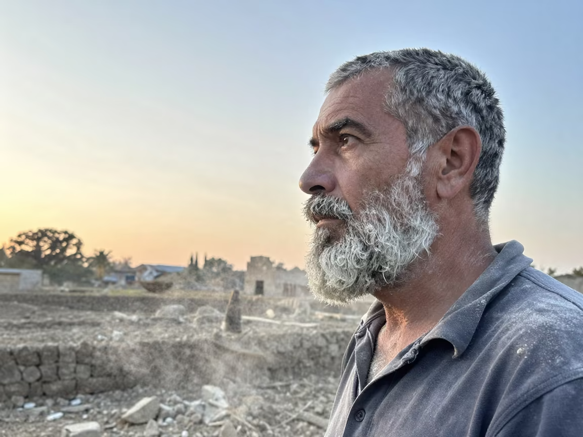 Stonemason with Lime Dust in Beard at Dawn in in Franceville