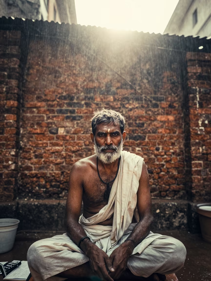 Stonemason with Lime Dust in Beard in in the old quarter in Chennai