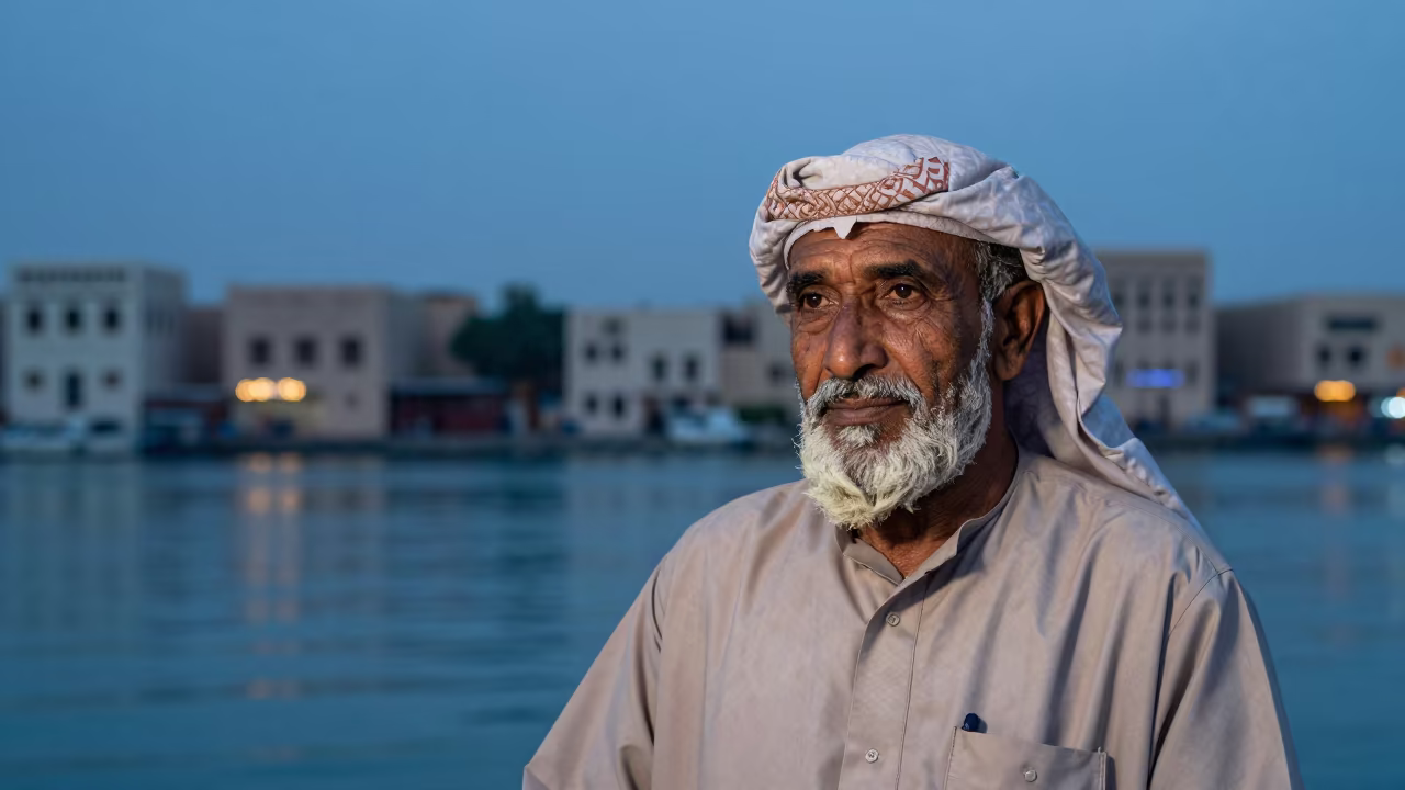 Stonemason Portrait with Lime Dust in Doha Evening in in the old quarter in Doha