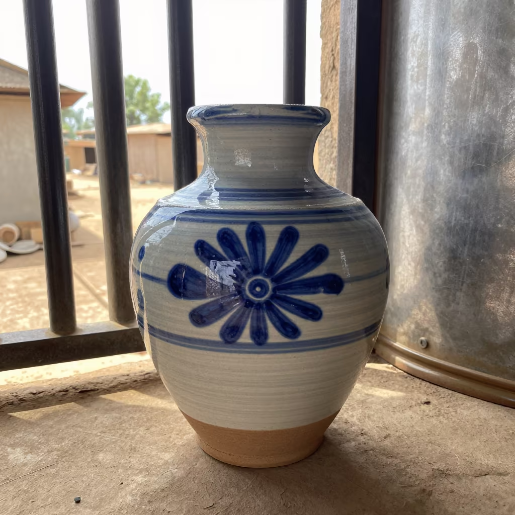 Stoneware Crock Salt Glaze Blue Motif Kaduna in on a pier railing in Kaduna